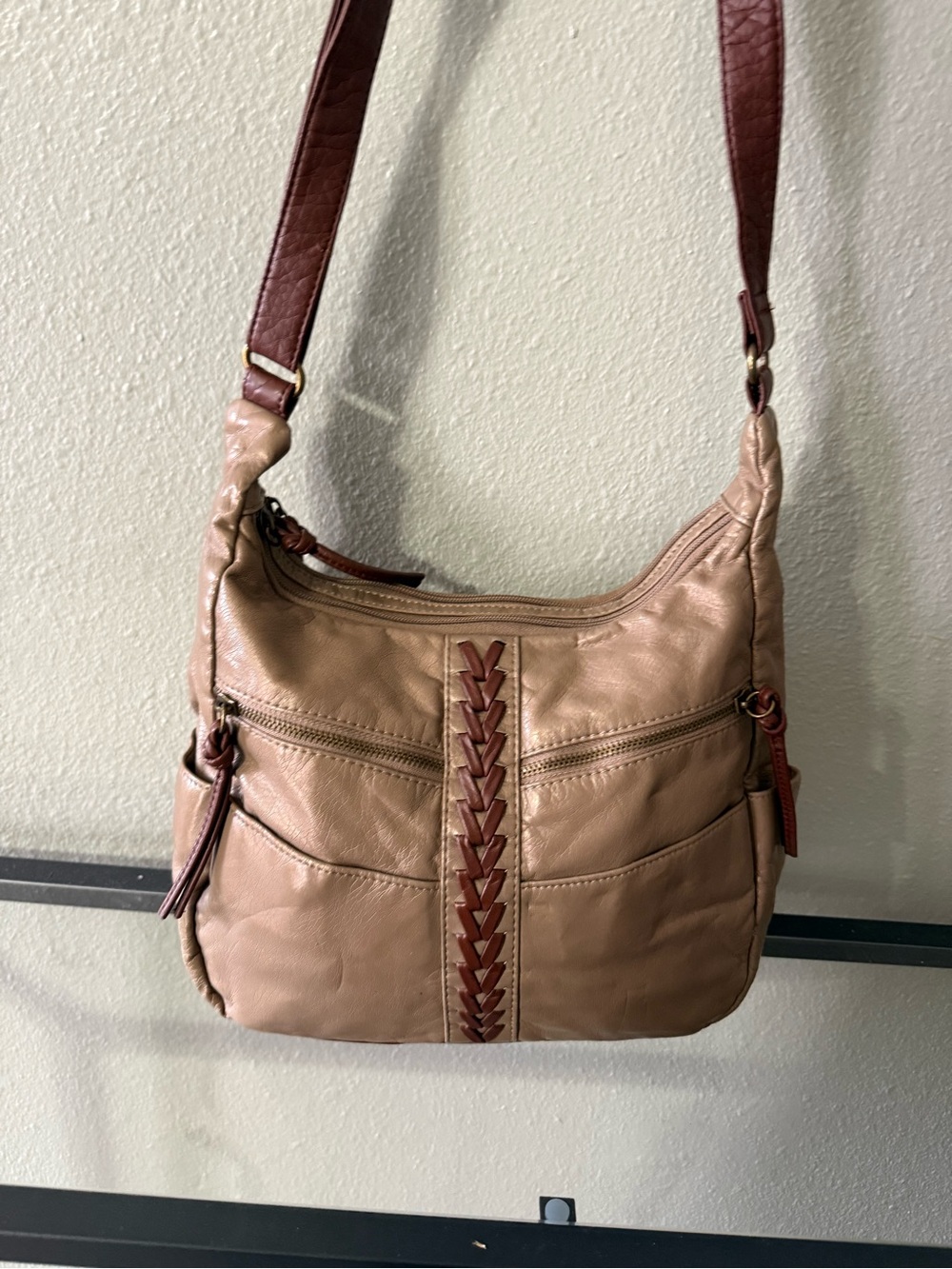 Bueno Tan Brown Braided Hobo Shoulder Bag Multi Zip Boho Purse